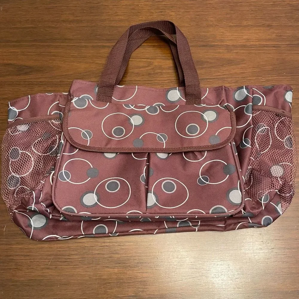 Diaper Bag Women Brown White Geometric Lightweight Nylon Bottle Pockets L